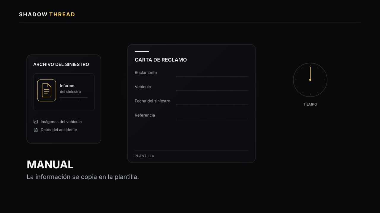 Proceso de seguros: un archivo del siniestro produce una carta de reclamo en PDF lista para usar